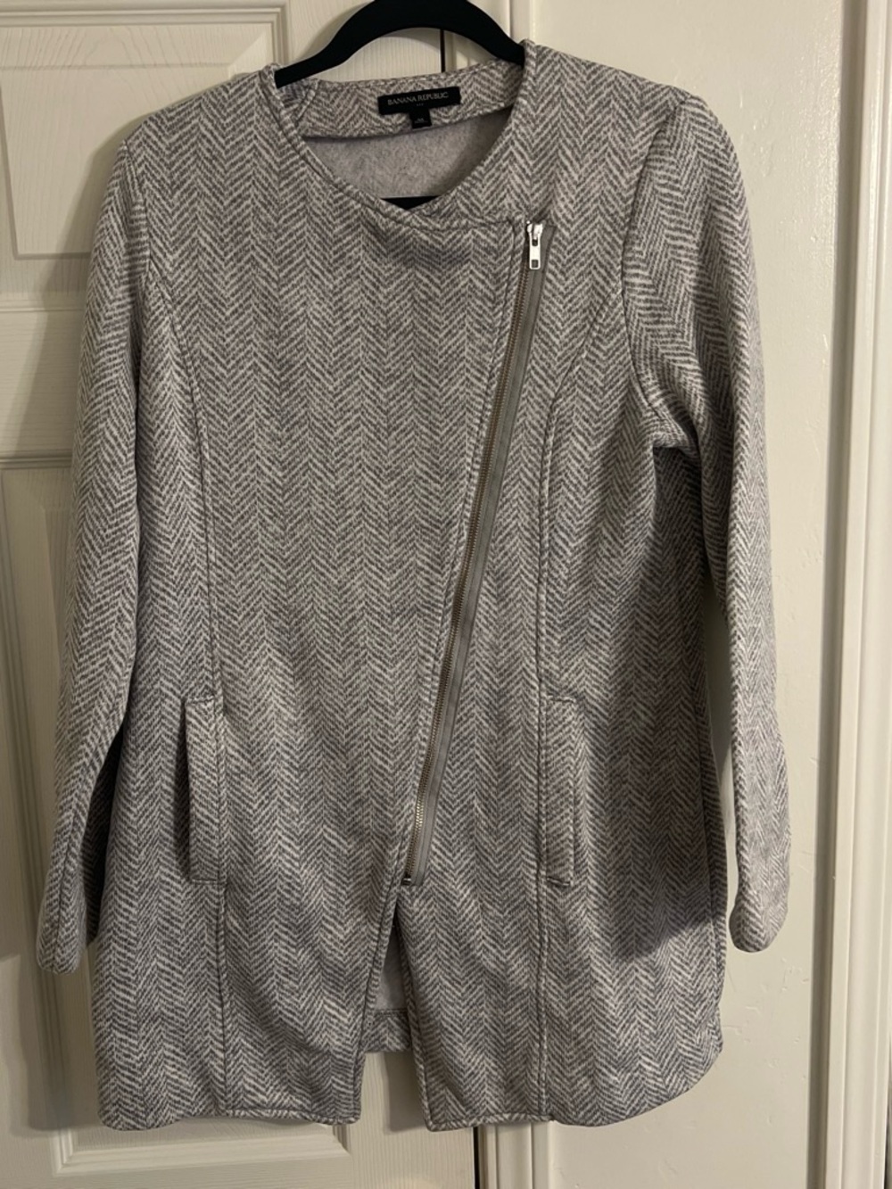 Banana Republic Light Gray Herringbone Asymmetrical Zip Jacket